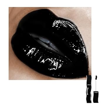 Brillo de labios líquido negro para mujer, no pegajoso, hidratante, cobertura completa, color negro, brillo de labios gótico, espejo de maquillaje de alto brillo labial para Halloween, cosplay, looks