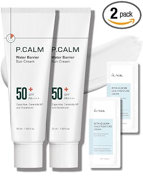 P.CALM Crema solar hidratante con barrera de agua, acabado mate, sin fundición blanca, SPF 50+ PA++++ Vegano, calmante para la humedad, protector solar diario para pieles secas grasas y sensibles, cuidado de la piel coreano, 3.4 onzas líquidas