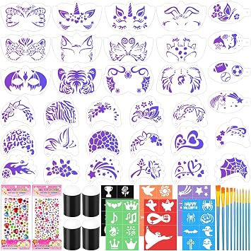 Kit de 55 plantillas de pintura facial incluye 33 plantillas reutilizables para pintura facial, 6 hojas de pegatinas de plantillas de tatuaje, 10 pinceles, 2 paquetes de gemas adhesivas, 4 esponjas