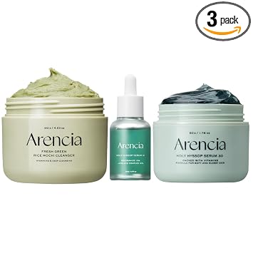 Arencia Glass Skin Starter Trio - Rutina de piel impecable [Limpiador facial Mochi de arroz coreano + suero de máscara de hisopo brillante + suero de hisopo + suero de hisopo 12]