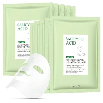 Máscara Facial Anti Acné con Ácido Salicílico, Mascarillas Faciales para Cuidado de la Piel, Mascarillas Hidratantes, Mascarillas de Hoja Facial Calmantes para Piel Prone al Acné, Máscara para