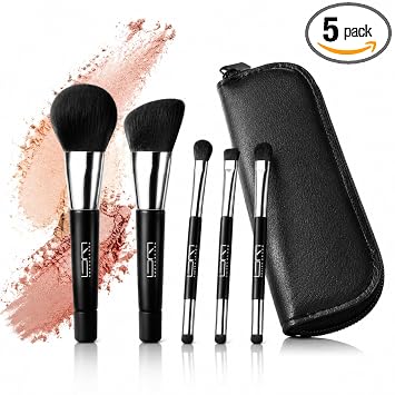 Juego de brochas de maquillaje de viaje, 5 piezas de cepillos cosméticos portátiles de doble punta con bolsa de almacenamiento para base, sombra de ojos, rubor y cejas labiales, color