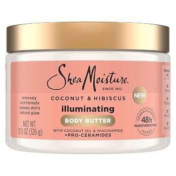 SheaMoisture Mantequilla Corporal Iluminadora con Coco e Hibisco, Niacinamida y Pro-Ceramidas, Renueva el Brillo Natural de la Piel, Hidratante 48H, 11.5 oz