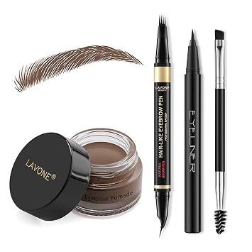 LAVONE Kit de maquillaje para cejas, con bolígrafo curvo impermeable de 4 puntas, pomada de cejas, delineador de ojos y cepillo de cejas de doble punta, 12 marrón oscuro