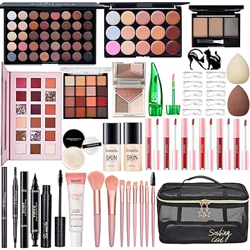 Kit de maquillaje todo en uno para mujer, kit completo de maquillaje, juego de regalo de maquillaje para mujer, paquete esencial de maquillaje incluye base, imprimación facial, paleta de sombras de