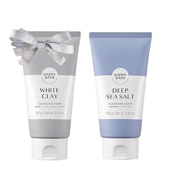 HAPPY BATH Jabón facial de arcilla blanca y lavado facial de sal marina profunda, limpiador natural de poros profundos, combinación para piel grasa, limpiador facial espumoso coreano, fórmula suave
