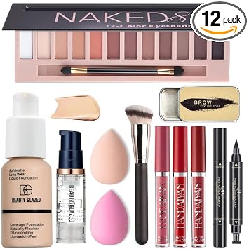 Kit de maquillaje todo en uno para niñas, paleta de sombra de ojos desnudos, base de maquillaje desnuda, brocha de maquillaje, esponja de maquillaje, kit de jabón para cejas, gel para cejas, juego de maquillaje con sello de ojos alado (SetA)