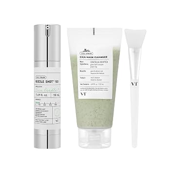 VT COSMETICS Bundle CICA Reedle Shot 100, limpiador de máscara CICA con cepillo, suero de microagujas, limpiador 2 en 1 de máscara de arcilla a espuma, centella asiática, para pieles sensibles y propensas al acné, cuidado de la piel coreano