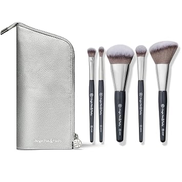 BROCHAS BK BEAUTY - Juego de brochas de viaje ANGIE HOT & FLASHY con bolsa - Brochas de maquillaje para base - Brocha para bases líquidas o en crema - Corrector para debajo de los ojos | Brocha de