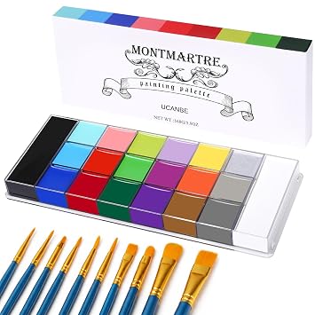 UCANBE MONTMARTRE - Paleta de aceite de pintura corporal + 10 piezas de pinceles, kit grande de pintura profunda para Halloween, cosplay, fiesta, artista, disfraces, festivales, deportes, 5.93 oz