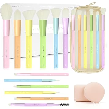 Juego de brochas de maquillaje, 18 brochas de maquillaje con 2 esponjas y bolsa de viaje, pinceles de maquillaje coloridos para base de polvo, rubor, mezcla de sombra de ojos, cara y ojos para principiantes