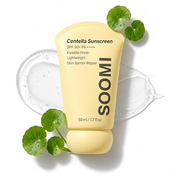 Soomi Skin Centella Protector solar 1.7 fl oz SPF 50 Centella Asiatica - Protector solar coreano para piel sensible, sin yeso blanco, protección solar hidratante ligera, reparación de barrera cutánea, niacinamida