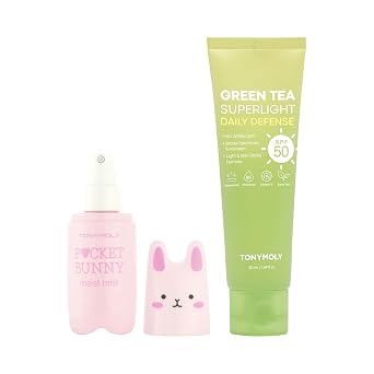 TONYMOLY Green Tea SPF 50 Protector solar con niebla facial de conejito de bolsillo, protector solar coreano ligero para cara con spray hidratante facial hidratante