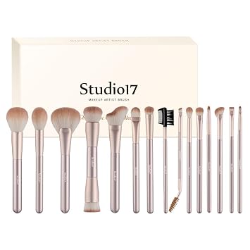 STUDIO17 Champagne Gold - Juego de brochas de maquillaje de 15 piezas, colección de pinceles para rostro y ojos con brochas de base, corrector, rubor, polvo y sombra de ojos