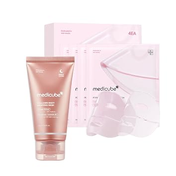 medicube All Day Glass Glow Skin Duo: Máscara de colágeno para toda la noche y ADN de salmón PDRN Máscara de gel de colágeno rosa (4ea) | Dúo de máscaras reafirmantes | Cuidado de la piel coreano, regalos para mujeres