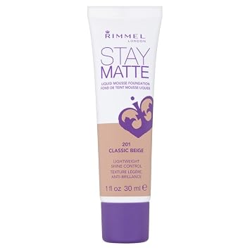 Rimmel London Stay Matte Liquid Mousse - 201 Classic Beige - Base de maquillaje, ligera, control de brillo, sin aceite, 1 onza