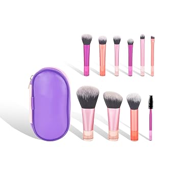 Juego de 10 brochas de maquillaje de viaje portátiles con bolsa, cerdas sintéticas suaves de cara completa para base, sombra de ojos, contorno de rubor, pinceles cosméticos compactos esenciales para mujeres y niñas en movimiento