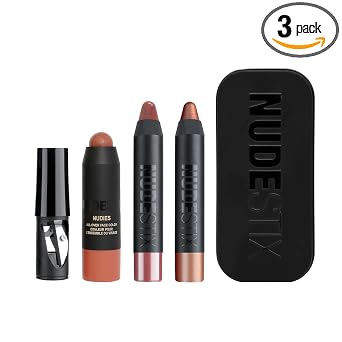 Nudestix Sunset Nudes Mini Kit - Juego de 3 piezas de rubor crema, bronceador y labios brillantes para mejillas, ojos y labios | Tamaño de viaje, maquillaje vegano multiusos para un brillo radiante y