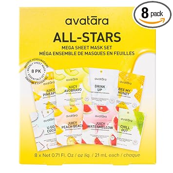 Avatara All-Stars Paquete variado de 8 mascarillas faciales | Clean K-Beauty Set para piel seca, sensible y desigual | Humedad suave | Sin fragancia, sin parabenos y sin crueldad animal