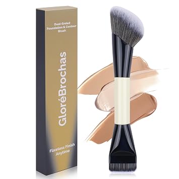 Brocha de maquillaje de doble extremo, base plana y pincel de contorno en ángulo para una mezcla impecable, cobertura suave y contorno sin esfuerzo, ideal para base, rubor, bronceador y polvo (blanco)