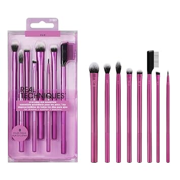 Real Techniques Juego de 8 Brochas de Maquillaje Esenciales para Ojos de Uso Diario, Brochas para Ojos para Delineador de Ojos, Sombra de Ojos, Cejas y Pestañas, Apto para Viajes, Juego de Regalo