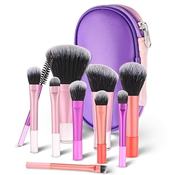 Juego de 10 brochas de maquillaje de viaje, tamaño de viaje, mini pinceles de maquillaje fáciles de tomar con bolsa, cepillo de maquillaje versátil portátil para mujer