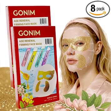 GONIM Máscara facial coreana con parches integrados para debajo de los ojos, máscara de hoja PDRN, péptidos de colágeno, retinol y cafeína, mascarillas hidratantes, regalos para el cuidado de la piel