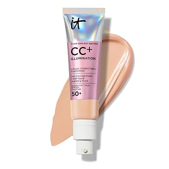 IT Cosmetics CC+ Cream Illumination - Base radiante de cobertura completa con SPF 50+, corrector de color y suero hidratante antienvejecimiento, colágeno hidrolizado + péptidos, piel normal a seca