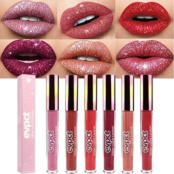 evpct Juego de 6 lápices labiales de diamante mate a purpurina líquidos, impermeables, metal metálico, brillo líquido, brillo de diamante, brillante, brillante, juego de brillo de labios para mujeres