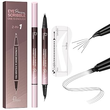Pluma de cejas Microblading impermeable, bolígrafo de cejas de doble punta 2 en 1 y 10 sellos de cejas, 4 puntas de tenedor y punta de pincel precisa para cejas naturales como el cabello, maquillaje