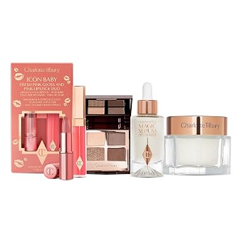 Charlotte Tilbury Set de belleza navideño - Tamaño completo de la Crema mágica de Charlotte y suero mágico, cuarteto de sombras de ojos Golden Goddess y dúo de labios Icon Baby - Colección completa de