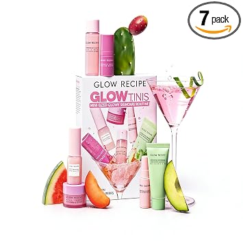 Glow Recipe GlowTinis - Mini set de cuidado de la piel, 7 piezas, rutina coreana para el cuidado de la piel y set de regalo, limpiador facial hidratante, tónico de sandía, crema de ácido hialurónico