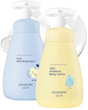 GOONGBE Kids Complete Body Care Set – Gel de baño coreano de bajo pH y loción hidratante las 24 horas – Fórmula hidratante con pantenol, aminoácidos, cica y escualano – Aroma libre de alérgenos, 10.1