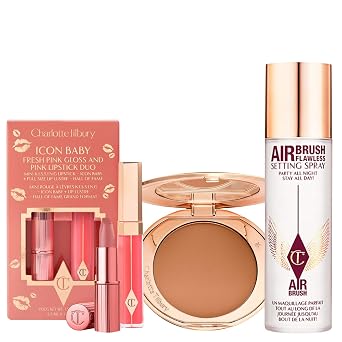 Charlotte Tilbury Holiday Kit - AIRbrush Flawless Setting Spray + AIRbrush Flawless Finish + Icon Baby Lip Duo - Hydrating Mist & Pressed Setting Powder Kit with Pink Lipstick Gloss Set