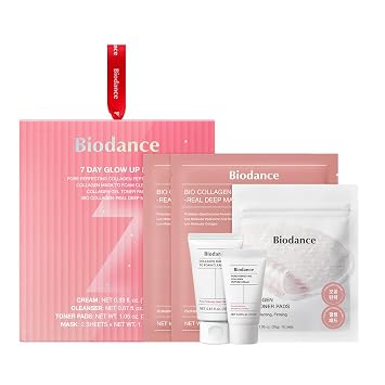 BIODANCE Kit de brillo para 7 días: juego de regalo de colágeno para piel cristalina, cuidado de la piel coreano con limpiador, almohadillas de tóner, hidratante, máscaras de gel, juego de cuidado de