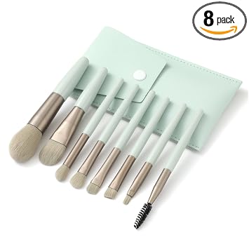 Juego de 8 brochas de maquillaje de viaje, 8 piezas, tamaño mini, base de fibra sintética de alta calidad, colorete, corrector de cejas, sombra de ojos, pincel en ángulo para maquillaje de labios con bolsa de almacenamiento (cian claro)