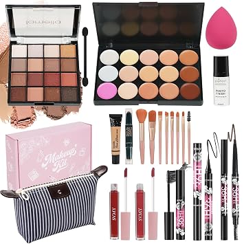 Kit de maquillaje para adolescentes, kits de maquillaje para mujeres, adolescentes, paleta de sombra de ojos, base, corrector, brillo de labios, polvo suelto, kit de maquillaje para mujeres, kit