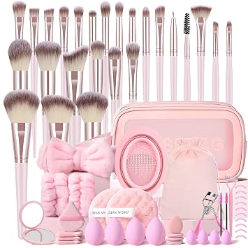 MZGGDM Juego de 64 brochas de maquillaje rosa con estuche, base profesional, correctores de polvo, sombra de ojos, contorno de rubor, kits de brochas de maquillaje de viaje, brochas y herramientas de