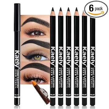 WanTuoluo Lápices de cejas negros para mujeres con sacapuntas, 6 piezas de lápices de cejas de madera dura para maquillaje para principiantes, impermeables y resistentes al sudor