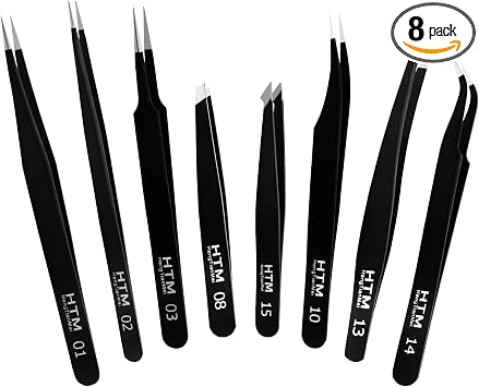 HengTianMei 8 pinzas de pestañas, 3 pinzas rectas de acero inoxidable y 3 pinzas de pestañas de punta curvada, con 2 pinzas de precisión inclinadas para extensiones de pestañas, vello facial y