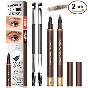 Paquete de 2 bolígrafos de cejas Microblading de 4 puntas con 2 pinceles para cejas, lápices de cejas de fórmula vegana impermeables para mujeres para crear sin esfuerzo trazos naturales similares al