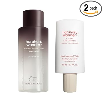 haruharu Wonder Skin Prep & Sun Care Duo - Tónico hialurónico de arroz negro sin alcohol fragancia y centella Calm Cloud protector solar facial SPF 60+ amplio espectro para rutina diaria de cuidado de