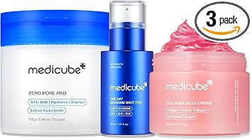 medicube Trío asequible para el cuidado de poros y texturas: almohadillas cero poros 2.0 y Zero Exosome Shot 7,500 PPM suero facial de espícula y crema de gelatina de colágeno (3.7 fl oz) | Cuidado de la piel coreano, regalos para mujeres