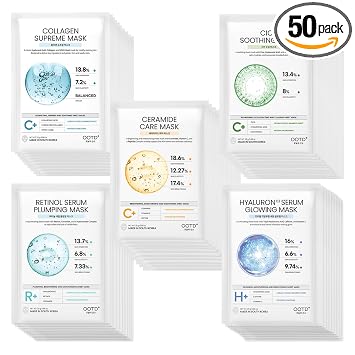 50Combo Paquete de Regalo de Mascarillas Faciales Coreanas, Hidratante, Calmante, Iluminadora, Suavizante, Rejuvenecedora, EVE Vegana, Cica, Ácido Hialurónico, Retinol, Ceramida, Colágeno