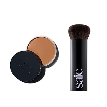 Saie Sun Melt Duo The Big Brush - Cepillo de maquillaje suave y multiusos con cerdas sintéticas con bronceador de fusión solar en bronce medio, contorno crema para construir, acabado aterciopelado (1 onza)