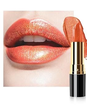 Lápiz labial naranja coral con purpurina, lápiz labial metálico brillante para maquillaje de mujer
