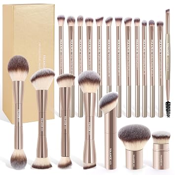 MAANGE 20 piezas de brochas de maquillaje con caja de regalo, brochas de maquillaje multifuncionales de doble punta para mezclar polvo líquido, corrector, crema, colorete,Champagne