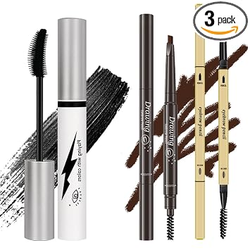Máscara de fibra de seda de 3 piezas, con lápiz de cejas, cepillo de cejas natural, impermeable, a prueba de manchas, todo el día, exquisitamente largo, a prueba de manchas (marrón, negro)