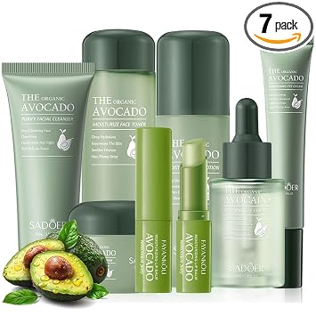 Kit de cuidado de la piel de aguacate de 7 piezas, set de regalo para el cuidado de la piel con limpiador facial, tónico, loción, suero facial, crema facial, crema para los ojos, bálsamo labial para
