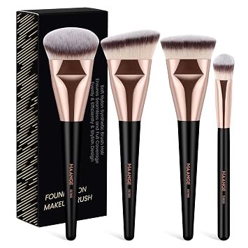 MAANGE Juego de 4 brochas de maquillaje para base, corrector, contorno, líquido, mezcla de rostros, Kabuki, kit de brochas de maquillaje (negro dorado)